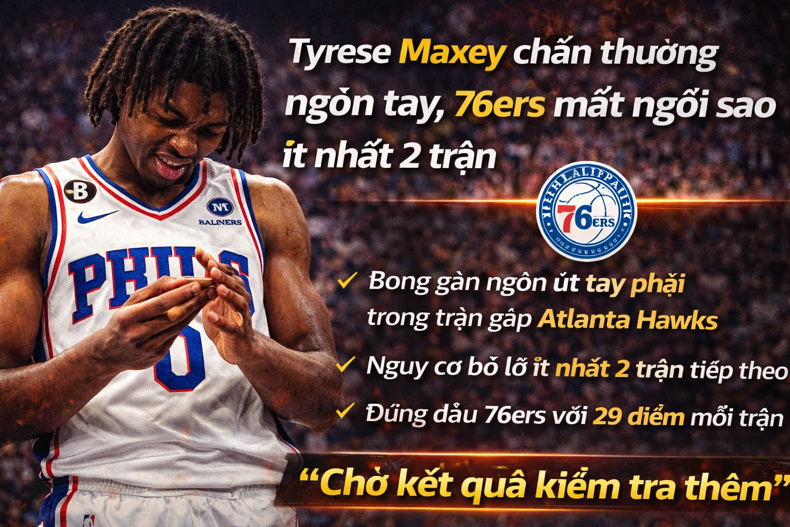 Tyrese Maxey chấn thương ngón tay, 76ers mất ngôi sao ít nhất 2 trận