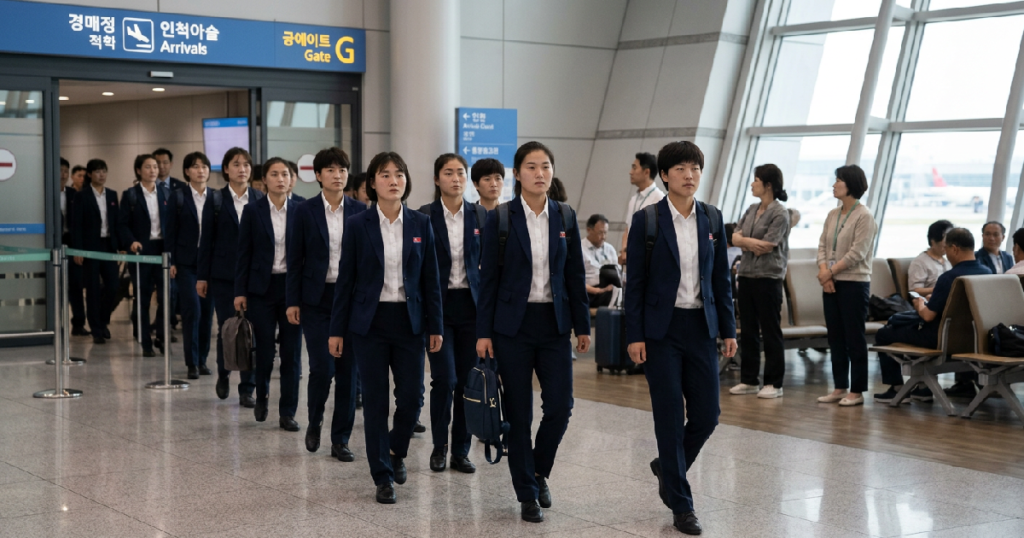 네이비 제복 입고 침묵 속 입국한 북한 내고향 여자축구단, 수원서 첫 남북 클럽전 돌입