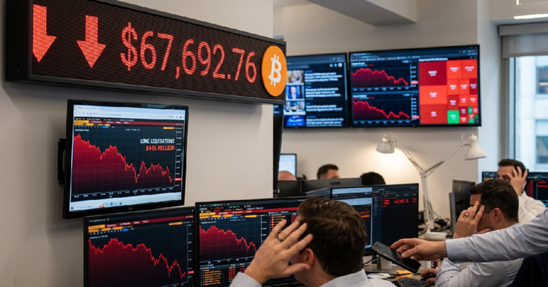 Bitcoin price drops over 5% to $67,692.76, liquidating $445 million in contracts