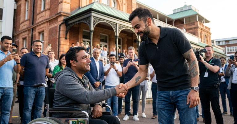 Virat Kohli greets Pakistani supporter at Lord's on June 29